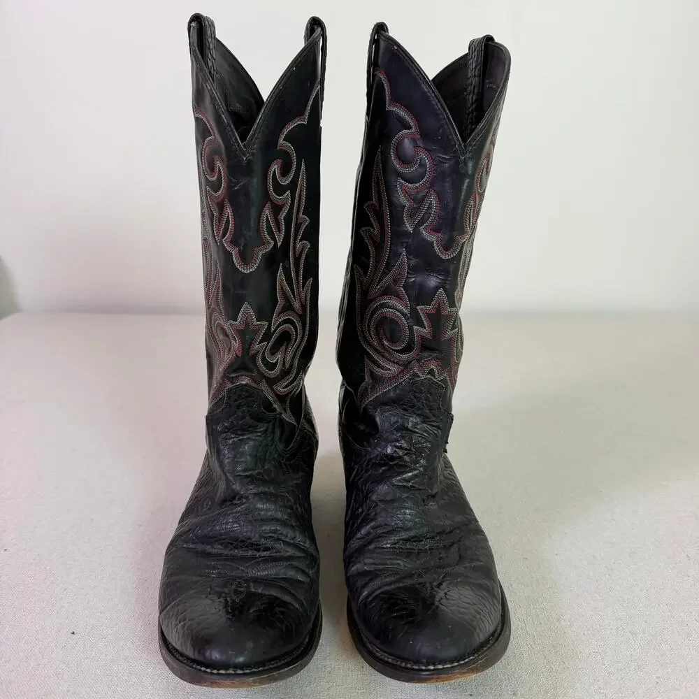 Vintage Diamond J By Justin Cowboy Boots Mens 10.5D Black Leather Red Stitch
